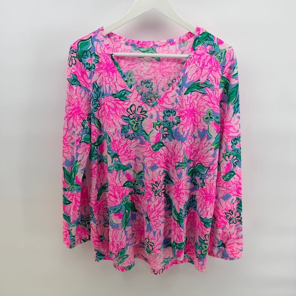 Lilly Pulitzer Etta Long Sleeve Slub Top Pink and Green Floral Blouse